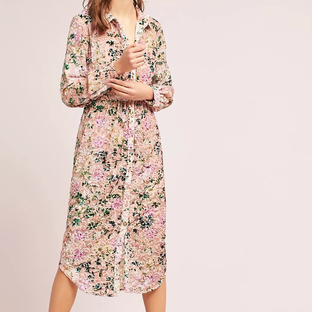 HEMANT & NANDITA Pink Floral Long Sleeve Midi Shirt Dress